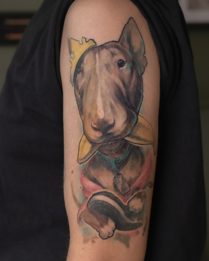 Tatouage de Bullterrier par Bryan Ly à Genève